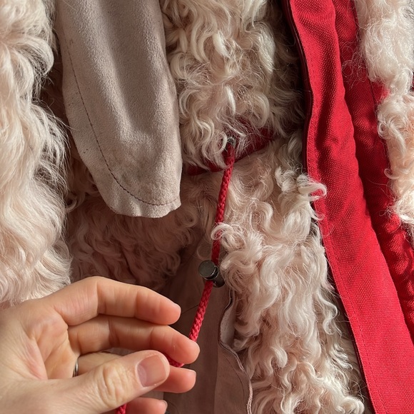 Red Leather Shearling lined coat vintage hooded anorak parka - Picture 5 of 11